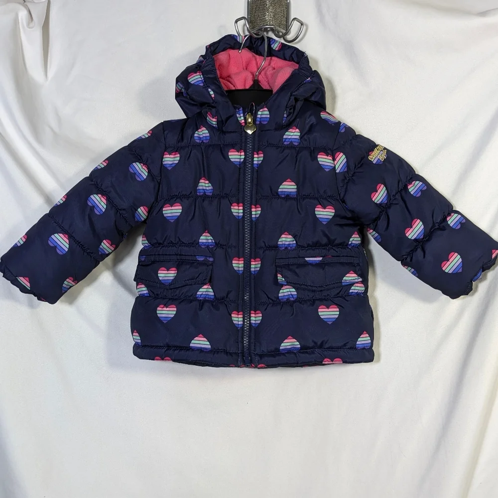Kids OshKosh B'Gosh Girl's Puffer Warm Winter Coat Navy With Hearts 12 Months